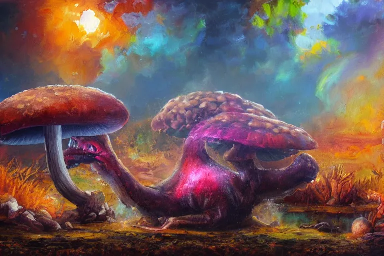 Prompt: highly detailed oil painting of a mushroom tyrannosaurus rex in a steaming colorful hotspring, featured on artstation