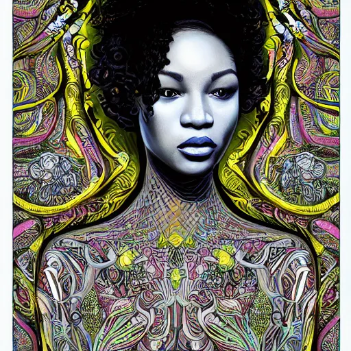 Image similar to the portrait of an absurdly beautiful, graceful, elegant, and sophisticated young black woman made of garlic bulbs, an ultrafine detailed illustration by james jean, intricate linework, bright colors, final fantasy, behance contest winner, vanitas, angular, altermodern, unreal engine 5 highly rendered, global illumination, radiant light, detailed and intricate environment