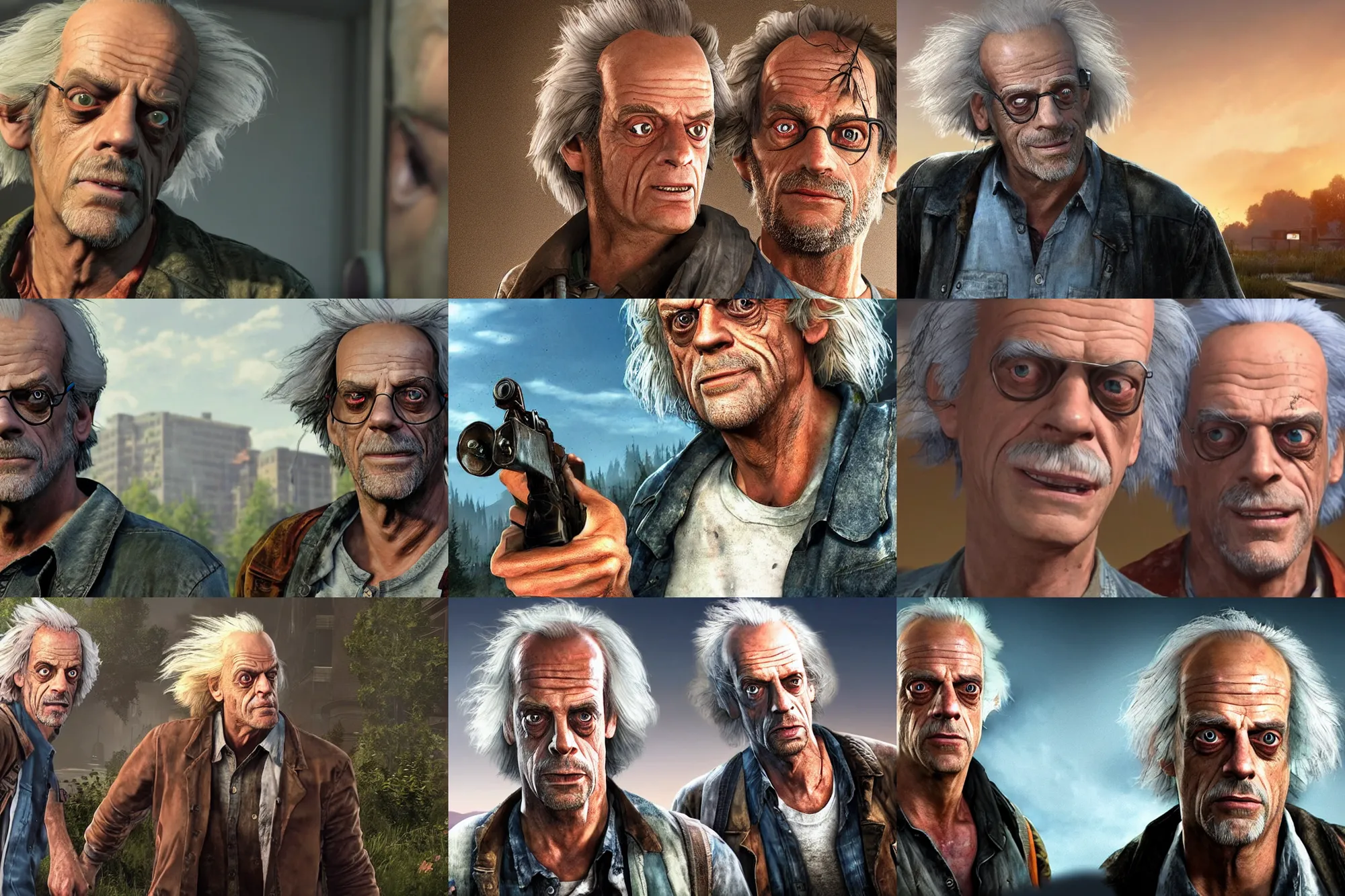 Prompt: a screenshot of christopher lloyd as doc brown in the video game the last of us. 3 d rendering. unreal engine. amazing likeness. very detailed. cartoon caricature.