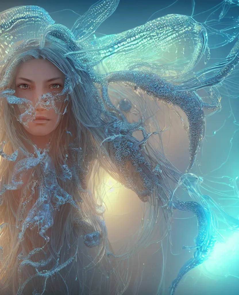 Image similar to close-up macro portrait of the face of a beautiful princess, epic angle and pose, symmetrical artwork, 3d with depth of field, blurred background, cybernetic jellyfish female face skull phoenix bird, translucent, nautilus, energy flows of water and fire. a highly detailed epic cinematic concept art CG render. made in Maya, Blender and Photoshop, octane render, excellent composition, cinematic dystopian brutalist atmosphere, dynamic dramatic cinematic lighting, aesthetic, very inspirational, arthouse. y Greg Rutkowski, Ilya Kuvshinov, WLOP, Stanley Artgerm Lau, Ruan Jia and Fenghua Zhong