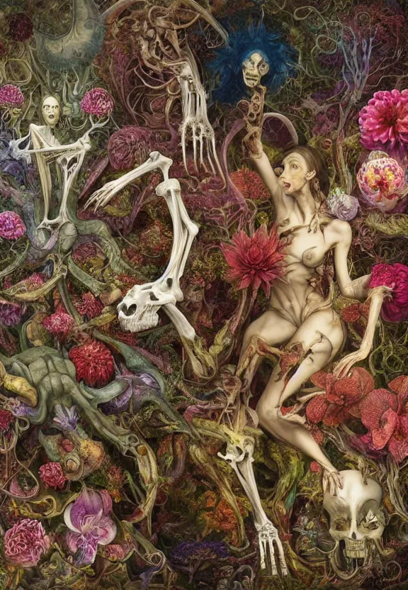 Prompt: simplicity, elegant, colorful muscular eldritch animals and bones radiating from fractal, orchids, dahlias, flowers, mandalas, white bones, by h. r. giger and esao andrews and maria sibylla merian eugene delacroix, gustave dore, thomas moran, pop art, chiaroscuro, biopunk, art nouveau