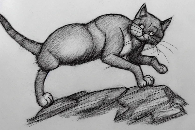 Prompt: a storyboard pencil sketch of a cat jumping on to a rock, rough sketch with erased lines, trending on artstation, detailed, anime