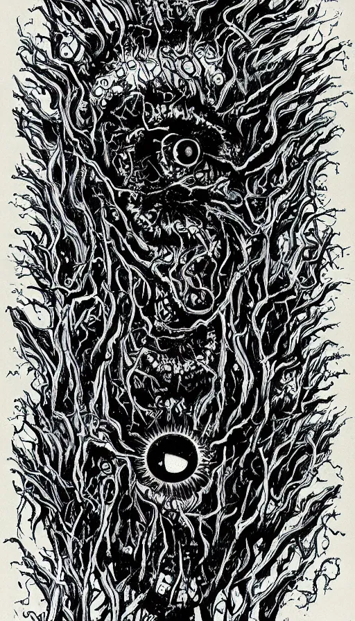 Prompt: a storm vortex made of many demonic eyes and teeth, by steve argyle