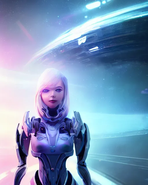 Image similar to perfect android girl on a mothership, warframe armor, beautiful face, scifi, futuristic, galaxy, nebula, raytracing, dreamy, long white hair, blue cyborg eyes, sharp focus, cinematic lighting, highly detailed, artstation, divine, by gauthier leblanc, kazuya takahashi, huifeng huang