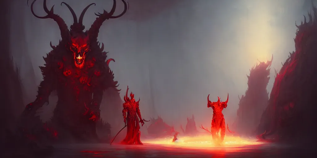 Image similar to the devil and his servants standing in hell where they torture other species, extremely detailed digital painting, in the style of fenghua zhong and ruan jia and jeremy lipking and peter mohrbacher, mystical colors, rim light, beautiful lighting, 8 k, stunning scene, raytracing, octane, trending on artstation