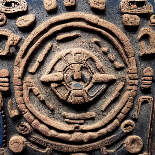 Image similar to decorative stone panel depicting ufo. Mayan artifact by Pacal Votan. 4K high quality museum collection photograph