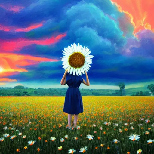Image similar to giant daisy flower as head, girl standing in a flower field, surreal photography, sunrise, dramatic light, impressionist painting, colorful clouds, digital painting, artstation, simon stalenhag