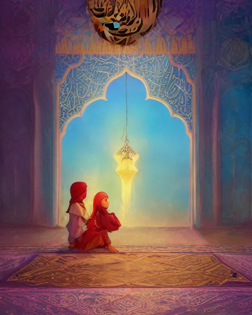 Image similar to a bedouin child infront of an big open quran highly detailed, gold filigree, romantic storybook fantasy, soft cinematic lighting, award, disney concept art watercolor illustration by mandy jurgens and alphonse mucha and alena aenami, pastel color palette, featured on artstation