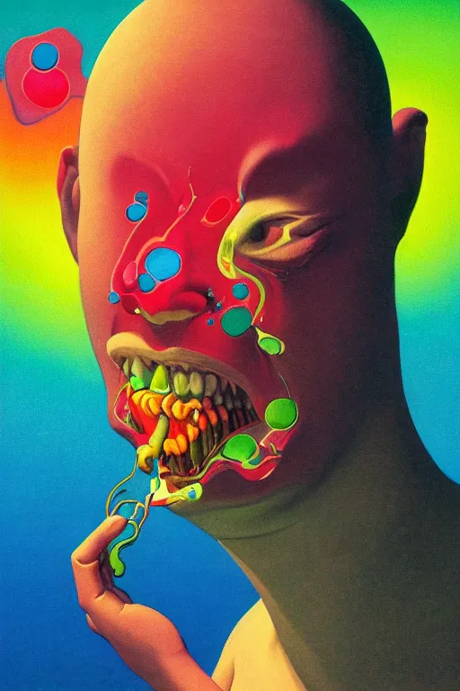 Prompt: a colorful vibrant closeup portrait of a musician licking a tab of lsd acid on his tongue and dreaming psychedelic hallucinations, by kawase hasui, moebius, edward hopper and james gilleard, zdzislaw beksinski, steven outram colorful flat surreal design, hd, 8 k, artstation