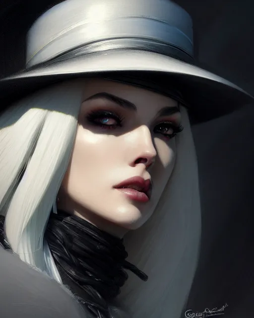 Image similar to ashe from overwatch, white hair, black hat, character portrait, portrait, close up, concept art, intricate details, highly detailed by greg rutkowski, michael whelan and gustave dore