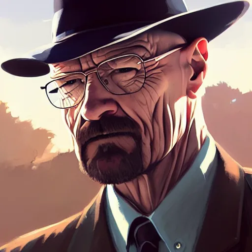 Image similar to portrait of walter white holding a colt model 1 9 1 1, 4 k, concept art, by wlop, ilya kuvshinov, artgerm, krenz cushart, greg rutkowski, pixiv. cinematic dramatic atmosphere, sharp focus, volumetric lighting, cinematic lighting, studio quality