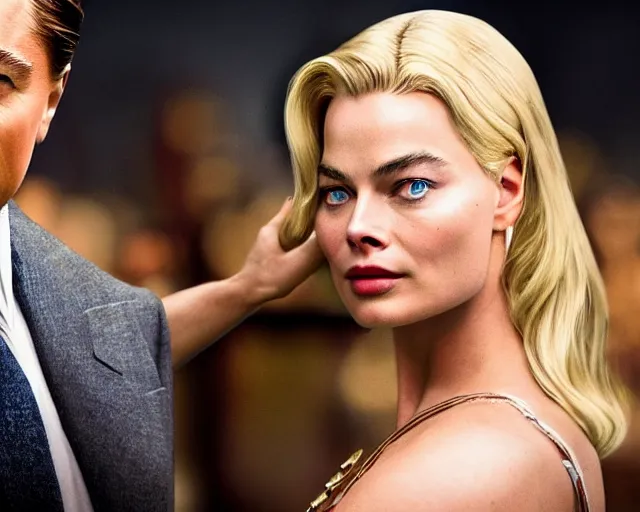 Image similar to leonardo dicaprio as the wolf of wall street next to margot robbie as naomi from the wolf of wall street, hyper realistic faces, detailed and hyper realistic eyes, cinematic, long shot, hyper detailed, 8 5 mm photograph, 8 k resolution, film still, sharp lens, wide lens