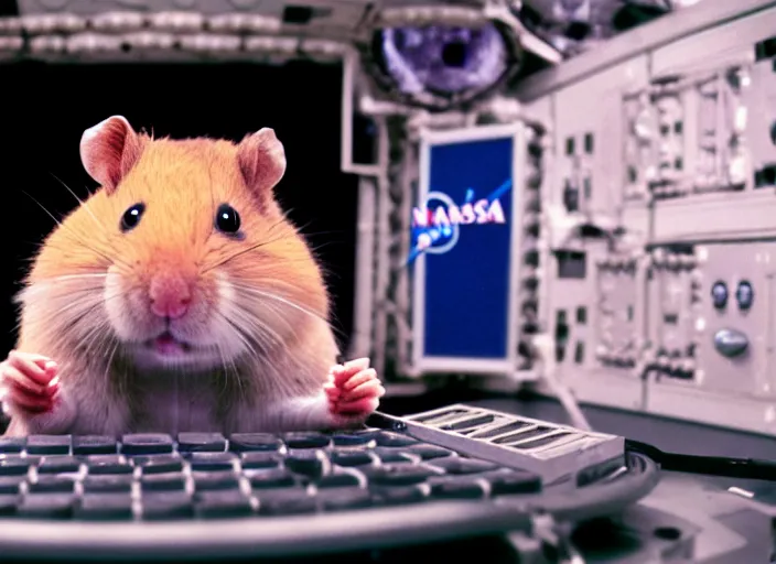 Image similar to film still of a hamster working for mission control at nasa, 8 k