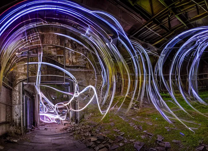 Prompt: flowing lightpainting helix swirling around, unfinished building building chapel nature urbex abandoned industrial architecture, puddle reflections, night time, highly detailed, photorealistic, neon rim lighting, reflections, smooth, sharp focus, ultrawide,