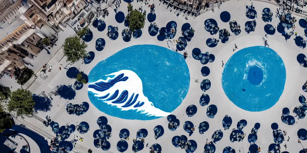 Image similar to A white and blue marble sculpture of The Great Wave off Kanagawa in the middle of an empty Italian piazza, midday, 4k photograph, sunny day, long shot, overhead view, far away