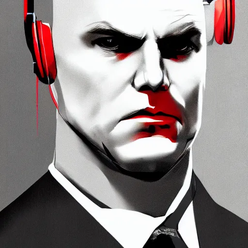 Image similar to a portrait of agent 4 7 from hitman wearing headphones, dark background, red rim light, digital art, artstation, art by yoji shinkawa