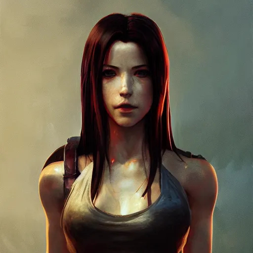 Image similar to Tifa Lockhart portrait, atmospheric lighting, painted, intricate, volumetric lighting, beautiful, rich deep colors masterpiece, golden hour, sharp focus, ultra detailed, by Leesha Hannigan, Ross Tran, Thierry Doizon, Kai Carpenter,Ignacio Fernández Ríos