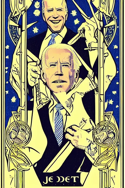 Prompt: joe biden tarot card art deco, art nouveau, by walter crane, by mark maggiori, trending on artstation