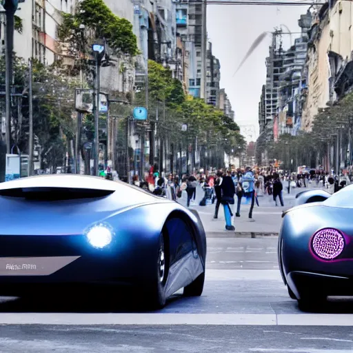 Image similar to Buenos Aires Argentina, futuristic cars in the street, holograms in the street, detailed, hd