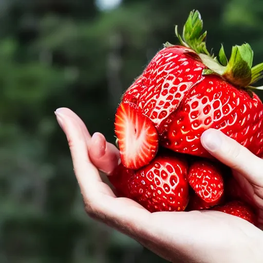 Image similar to a hand holding a giant 1 0 kg strawberry