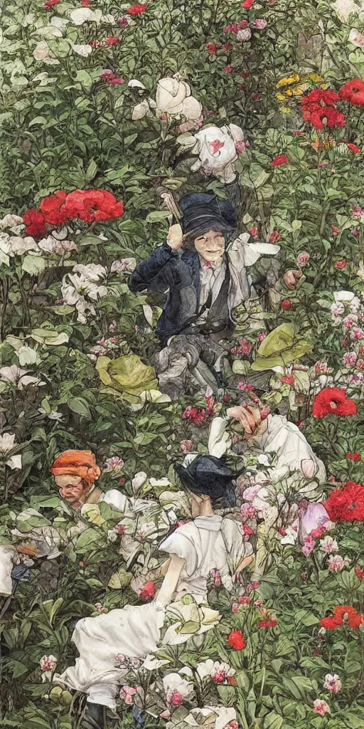 Image similar to oil painting scene from gardeners in the flower garden by kim jung gi