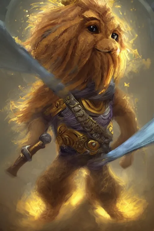 Image similar to cute anthropomorphic Golden lion tamarin knight wearing a cape and a crown, tiny, small, miniature bear, baby animal, short, pale blue armor, cute and adorable, pretty, beautiful, DnD character art portrait, matte fantasy painting, DeviantArt Artstation, by Jason Felix by Steve Argyle by Tyler Jacobson by Peter Mohrbacher, cinematic lighting