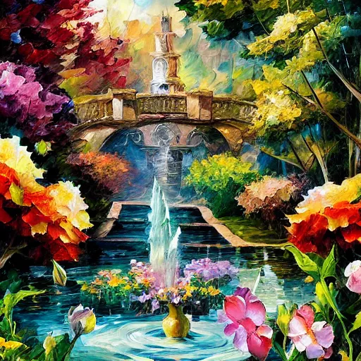 Prompt: flowers and fountains in valley village by arthur adams, charlie bowater, leonid afremov, chiho ashima, karol bak, david bates, tom chambers