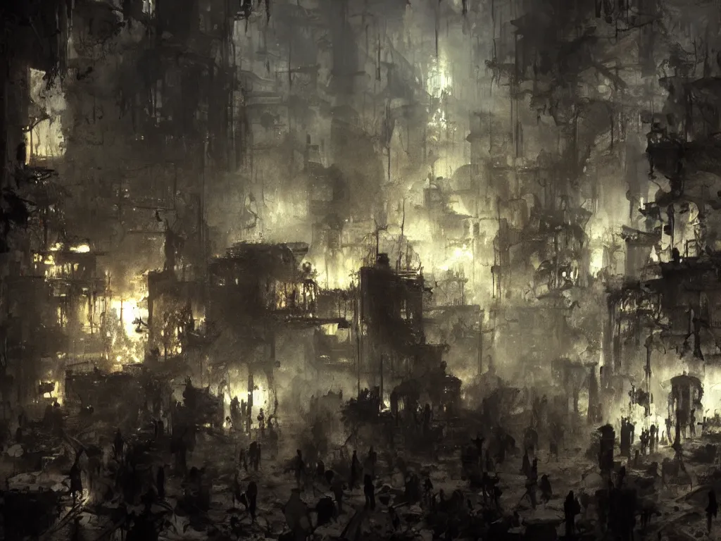 Prompt: detailed hell scene with people suffering and ghost, volumetric lighting, painting by jeremy mann