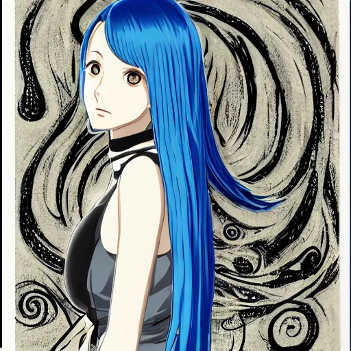 Image similar to half-length portrait character design. Anime key visual of an esoteric mysterious young woman with blue hair, with two tentacles instead of arms. Uzumaki; drawn by Junji Ito, top-rated on pixiv.