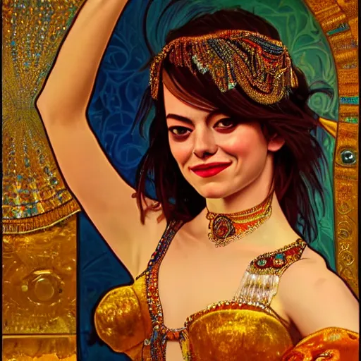 Image similar to a photorealistic portrait of emma stone dressed as a belly dancer, arabian night, high quality, fully detailed, 4 k, in focus sharp face with fine details, realistic hand details and anatomy composition, inspired by belly dancer on youtube, alphonse mucha, masterpiece, stunning