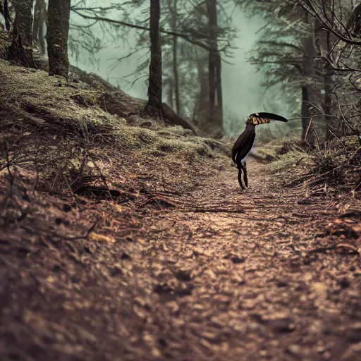 Image similar to Velocirapter walking in the forest, 8k, professional photography, cinematic shot, dark, smoke