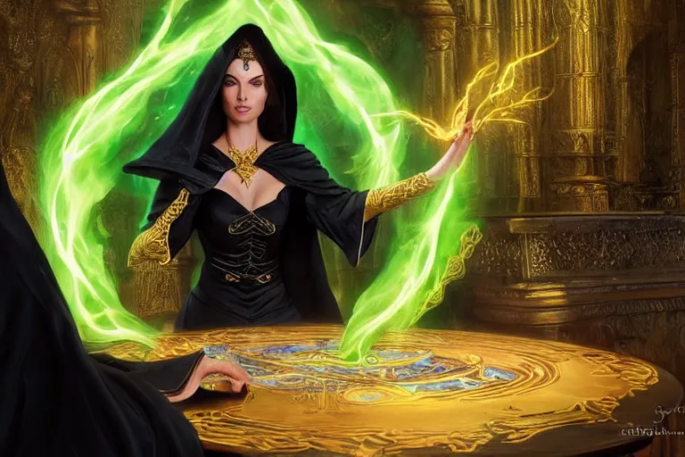 Image similar to a beautiful sorceress wearing a black robe with gold embroidery, sitting at table, casting a spell, green glows, painted by sharandula and artgerm, in the style of magic the gathering, highly detailed digital art