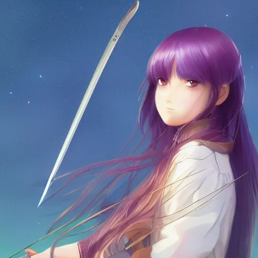 Prompt: girl with purple long hair holding a sword, serious, extremely detailed, made by wlop, studio ghibli, artgerm, full body portrait, illustration, grass, sunny, sky, anime, side view, perfect anime face, detailed face,