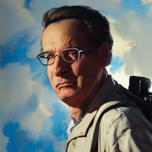 Prompt: greg manchess portrait painting of ghostbuster dr. raymond stantz overwatch character, medium shot, asymmetrical, profile picture, organic painting, sunny day, matte painting, bold shapes, hard edges, street art, trending on artstation, by huang guangjian and gil elvgren and sachin teng