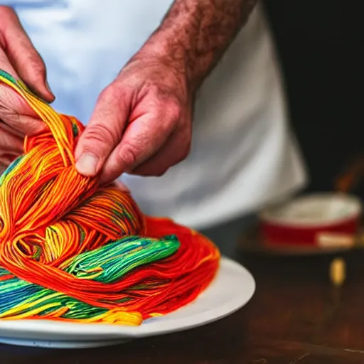 Prompt: italian chef cooking a plate of colorful yarn like spaghetti