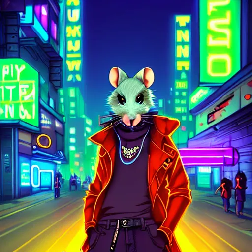 Image similar to beautiful furry digital art portrait commission of an androgynous furry anthro rat fursona wearing punk clothes in the streets of a cyberpunk city. neon signs. character design by charlie bowater, ross tran, artgerm, and makoto shinkai