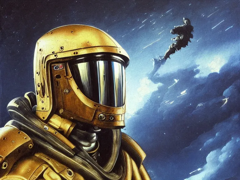 Image similar to a detailed profile oil painting of a bounty hunter in armour and visor, cinematic sci-fi poster. technology flight suit, bounty hunter portrait symmetrical and science fiction theme with lightning, aurora lighting clouds and stars. Clean and minimal design by beksinski carl spitzweg and tuomas korpi. baroque elements. baroque element. intricate artwork by caravaggio. Trending on artstation. 8k