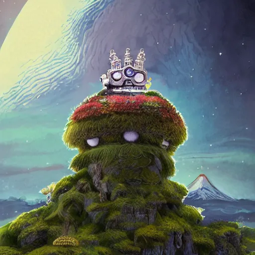 Image similar to On the morning of the robot queen's coronation, The Mekanik Doll, chubby moss kitten, Mount Fuji seen from the International Space Station, the theme of Alice in Wonderland, digital painting, concept art, illustration, deep dark, artstation, intricate, beautiful and thematically complex, ue5, by Dylan Kowalski and deiv calviz