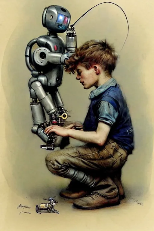 Image similar to (((((1950s a boy working on his robot . muted colors.))))) by Jean-Baptiste Monge !!!!!!!!!!!!!!!!!!!!!!!!!!!