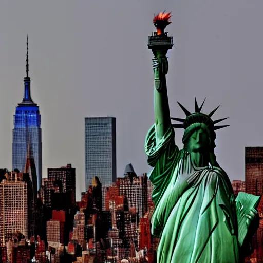 Prompt: the statue of liberty comes alive and invades new york city