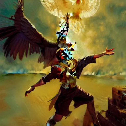 Image similar to stunning male master wizard transforming into bird, highly detailed painting by gaston bussiere, craig mullins, j. c. leyendecker, 8 k