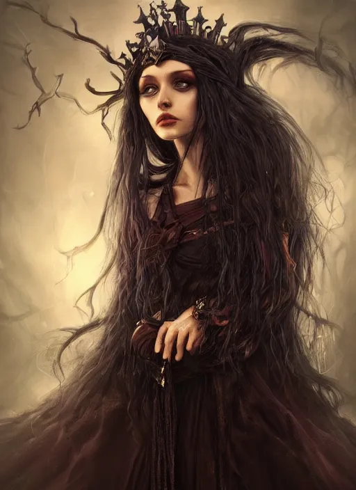 Prompt: mysterious dark and beautiful witch with long hair and a crown, fantasy, medieval, vivid colors, fantasy, elegant, concept art, sharp focus, beautiful face!!, digital art, Hyper-realistic, 4K, Unreal Engine, Highly Detailed, HD, Dramatic Lighting by Brom, trending on Artstation