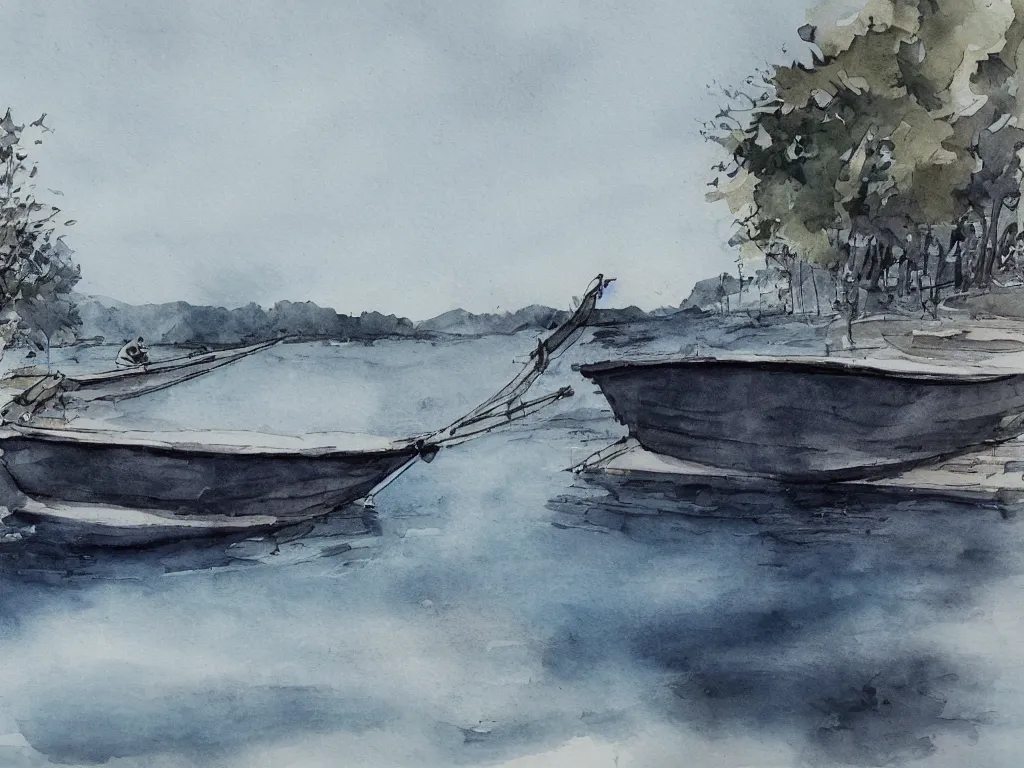 Image similar to a boat is parked on the lake, there is only one person on the boat fishing, cinematic landscape ， natural light, ink painting
