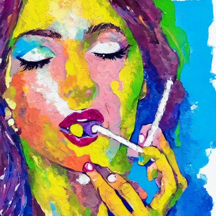 Image similar to portrait of beautiful woman licking a lollipop painted with colorful gouache impasto