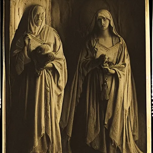 Prompt: 1 9 th century photo of 3 mary's at the tomb of jesus, by julia margaret cameron, beautiful composition