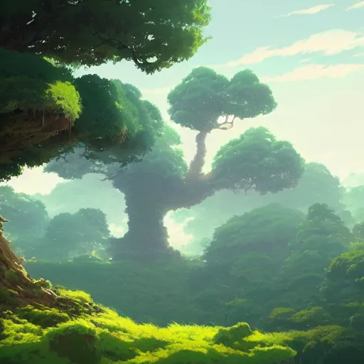 Prompt: a landscape of a single ancient oak tree, studio ghibli, castle in the sky, animated, anime, illustrated, vibrant, overgrown, by greg rutkowski, dungeons and dragons on artstation