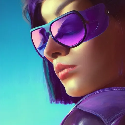 Image similar to very detailed masterpiece closeup painting of a very beautiful young mexican cyberpunk woman with light blue shutter shades, one side haircut, dark purple hair, purple leather jacket, beauty mark on cheek, portrait, synthwave background, artstation, concept art by greg rutkowski
