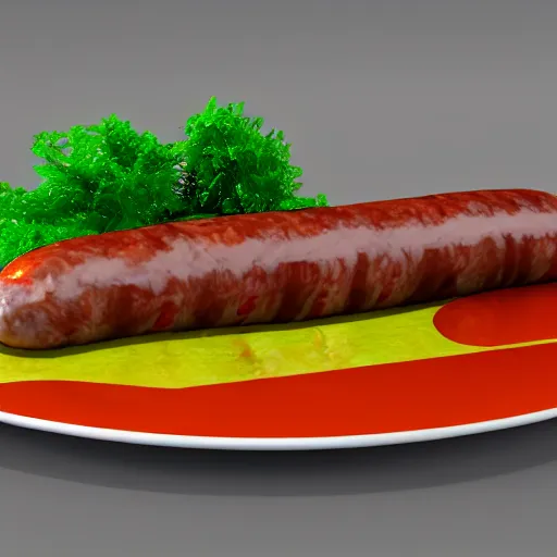 Prompt: cursed realistic 3 d unreal engine render of a half fish half sausage alone on a plate, fish fins on a sausage