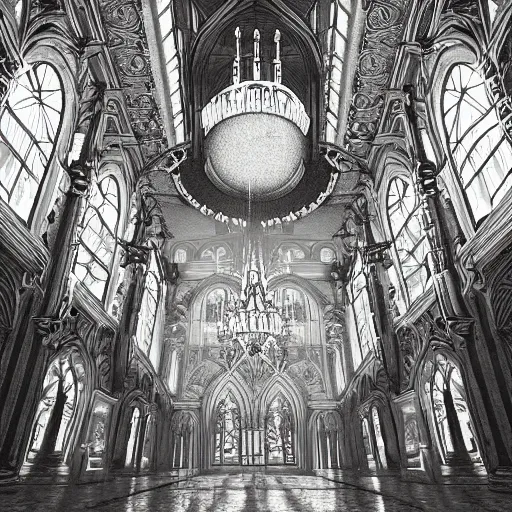 Prompt: large gothic hall with large chandelier under the ceiling, eyes over the windows, horror movie, moonlight, artstation, detailed, colorfull, futuristic
