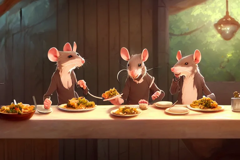 Image similar to anthropomorphic rats eating a delicious dinner, key visual, a fantasy digital painting by makoto shinkai and james gurney, trending on artstation, highly detailed